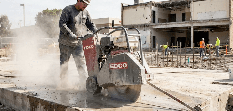 EDCO concrete saw cutting a concrete slab on a construction site